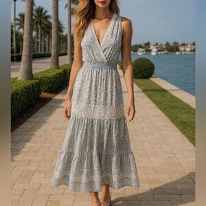 Hale Bob Medallion Print Crochet Lace Maxi Dress Size S  Gray White Smocked